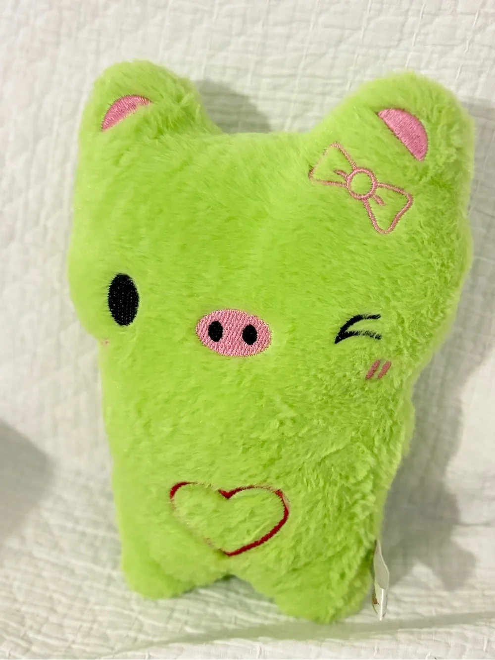 Green Plush Small Pet Toy Pillow - Cute Heart & Wink Design